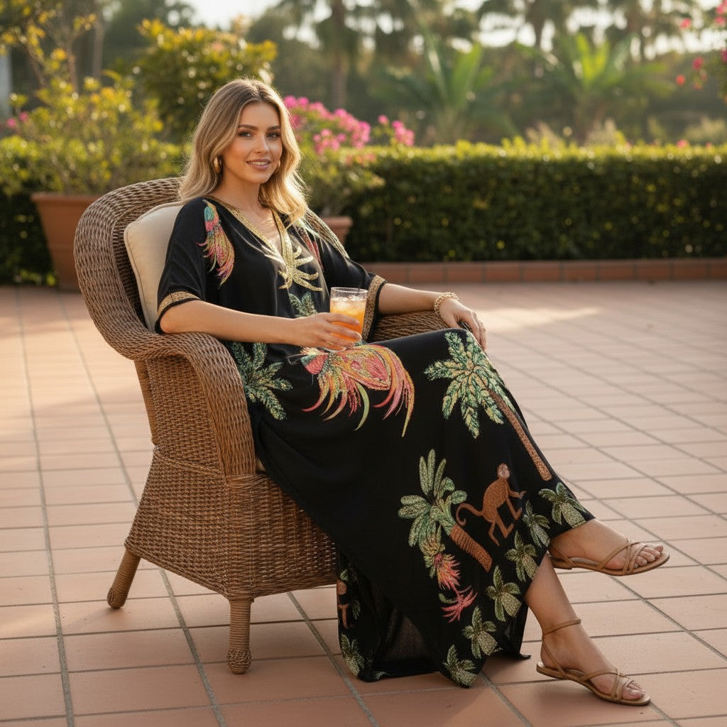TropicalVibe | Women's Dress - Loose Fit Ankle-Length Kaftan in Tropical Print
