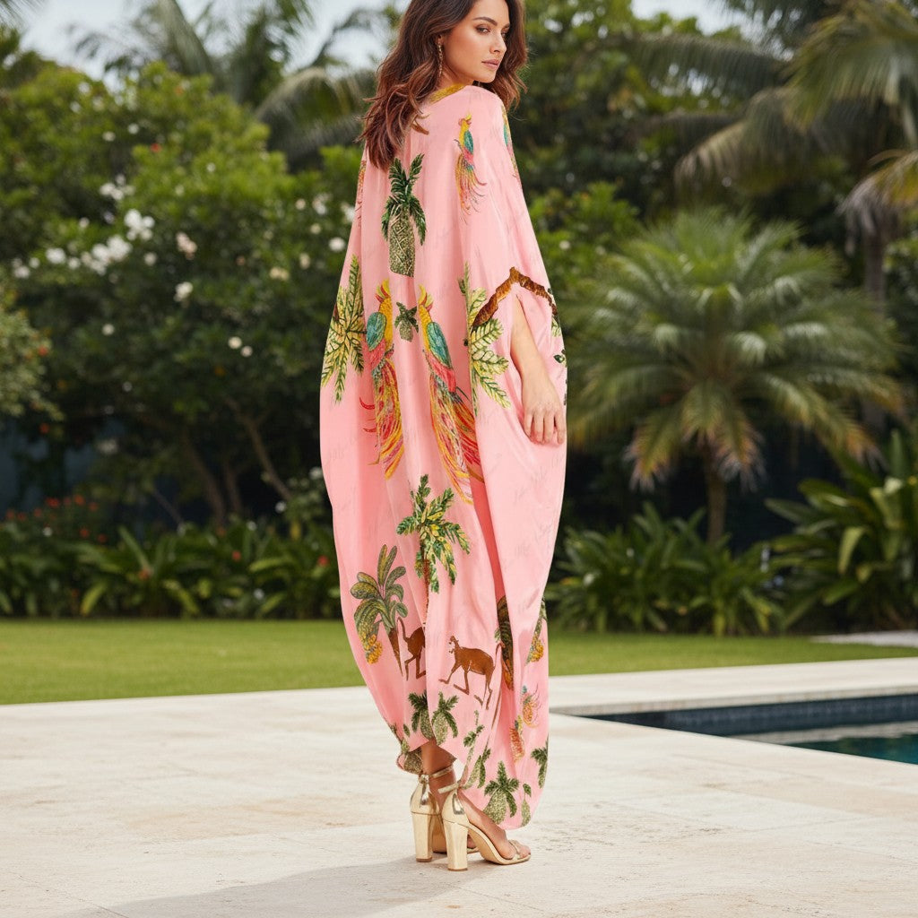 TropicalVibe | Women's Dress - Loose Fit Ankle-Length Kaftan in Tropical Print