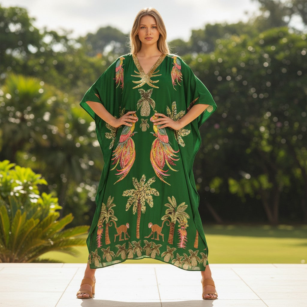 TropicalVibe | Women's Dress - Loose Fit Ankle-Length Kaftan in Tropical Print