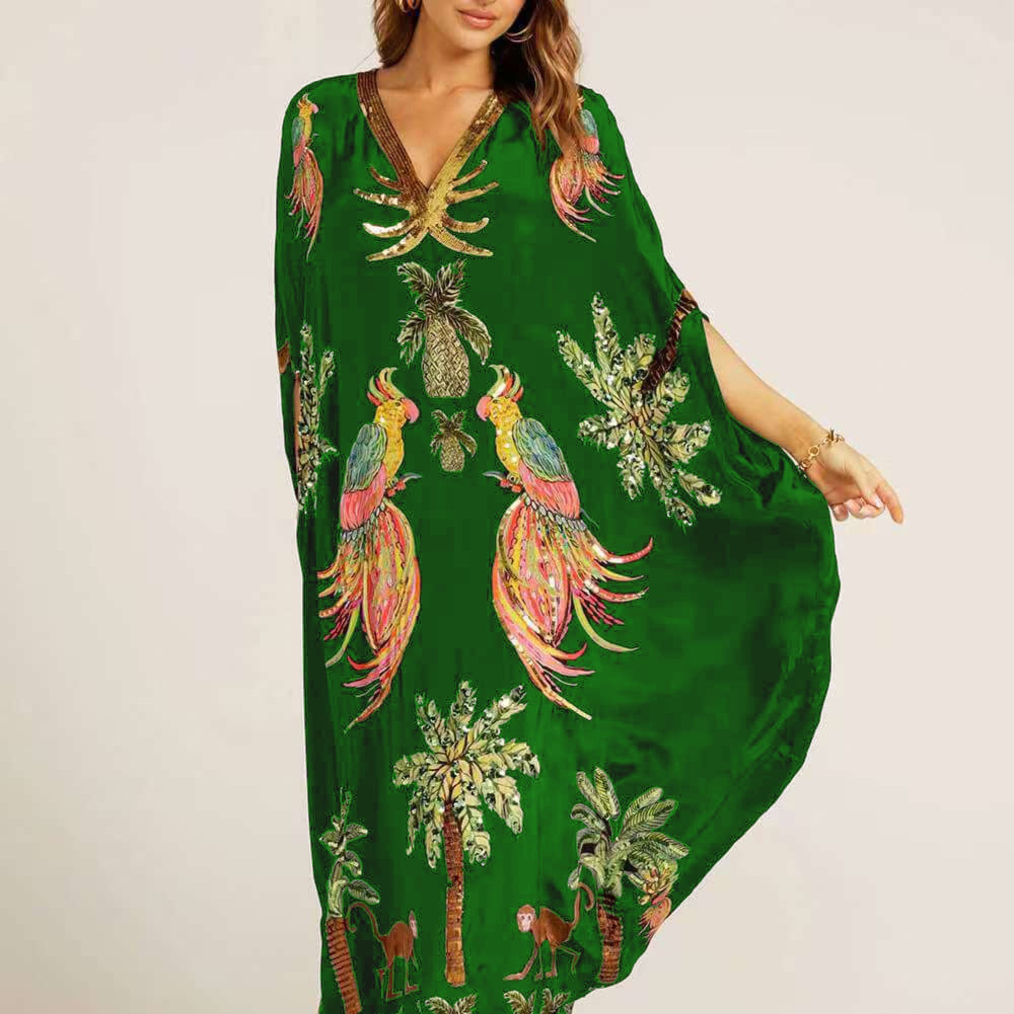 TropicalVibe | Women's Dress - Loose Fit Ankle-Length Kaftan in Tropical Print
