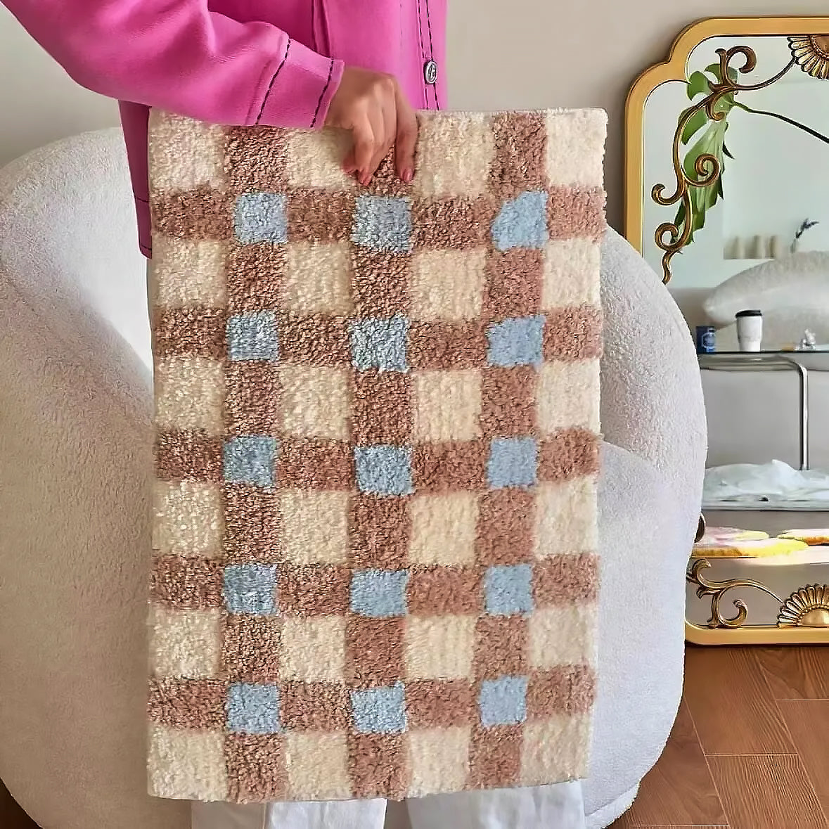Two-Tone Grid Rug Polyester | Non-Slip TPR Base | Soft Checkered Texture for Living Room, Bedroom, Hallway or Entryway