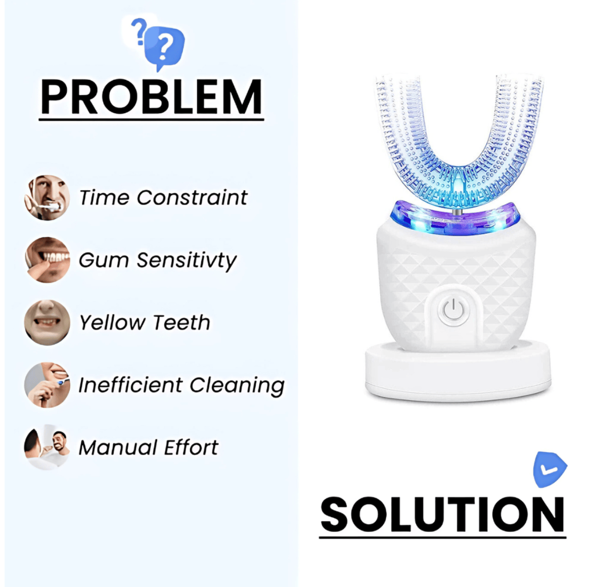 U-Shaped Sonic Toothbrush | 4 Cleaning Modes & Soft Silicone Mouthpiece | Full-Mouth Clean with Wireless Charging Dock