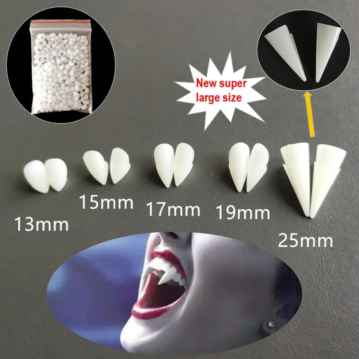 Vampire Fang Teeth Costume Set | Resin Fangs with Fitting Adhesive | Realistic Halloween Cosplay Prop Accessory