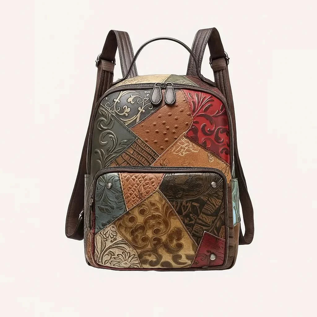 Vegan Leather Backpack | Embossed Floral Design With Pockets 