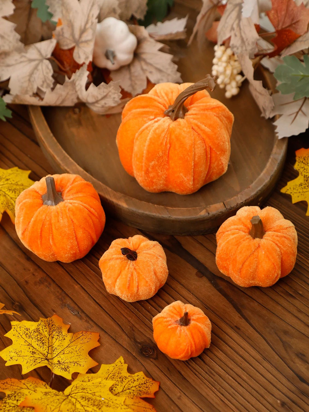 Velvet Artificial Pumpkin Autumn Décor | Plush Textured Shell with Decorative Stem | Reusable Foam-Filled Design