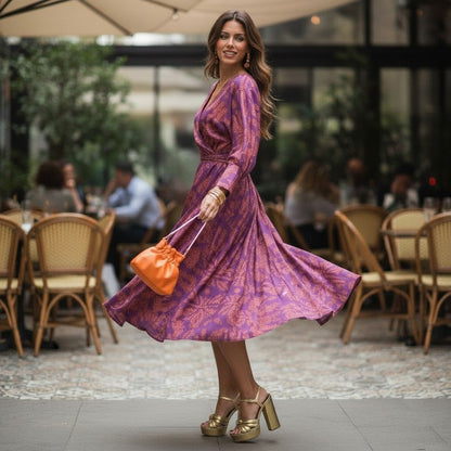 AbstractPrint | Long Sleeve Midi Dress with Twist-Front Design - V-Neck Style