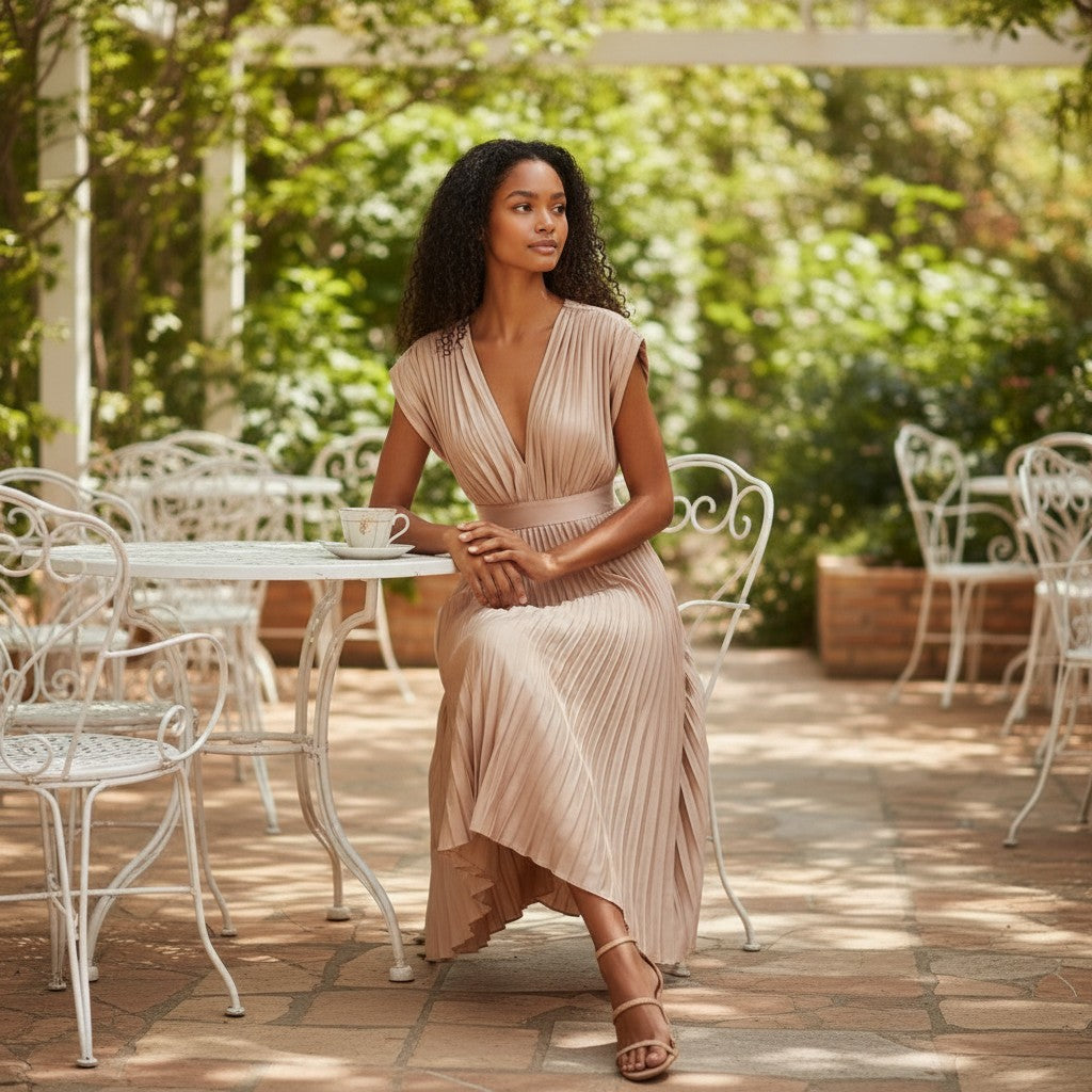 Stella | Maxi Dress for Women - Pleated V-Neck Design in Elegant Polyester