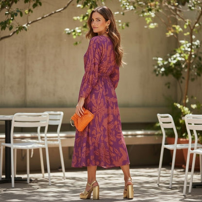 AbstractPrint | Long Sleeve Midi Dress with Twist-Front Design - V-Neck Style