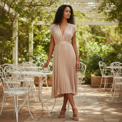 Stella | Maxi Dress for Women - Pleated V-Neck Design in Elegant Polyester