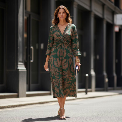 AbstractPrint | Long Sleeve Midi Dress with Twist-Front Design - V-Neck Style