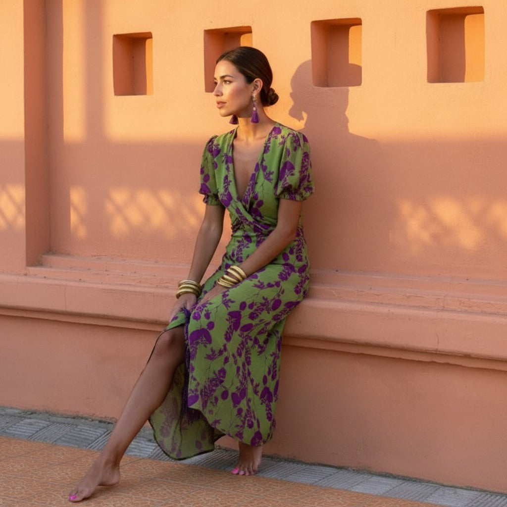 FloralWrap | Women's Dress - Floral Midi Design with Puff Sleeves