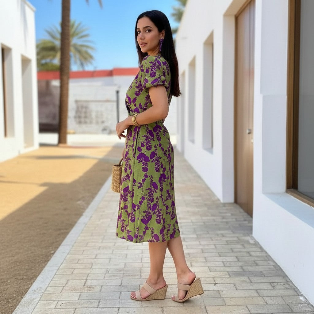 FloralWrap | Women's Dress - Floral Midi Design with Puff Sleeves