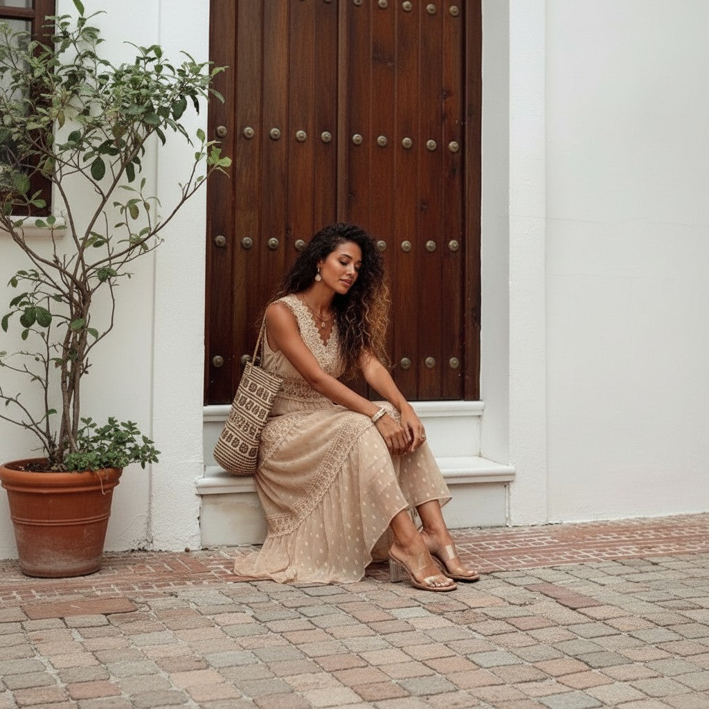 BohoChic | Women's Lace Tiered Maxi Dress - Ankle-Length Sleeveless Style