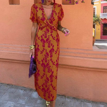 FloralWrap | Women's Dress - Floral Midi Design with Puff Sleeves