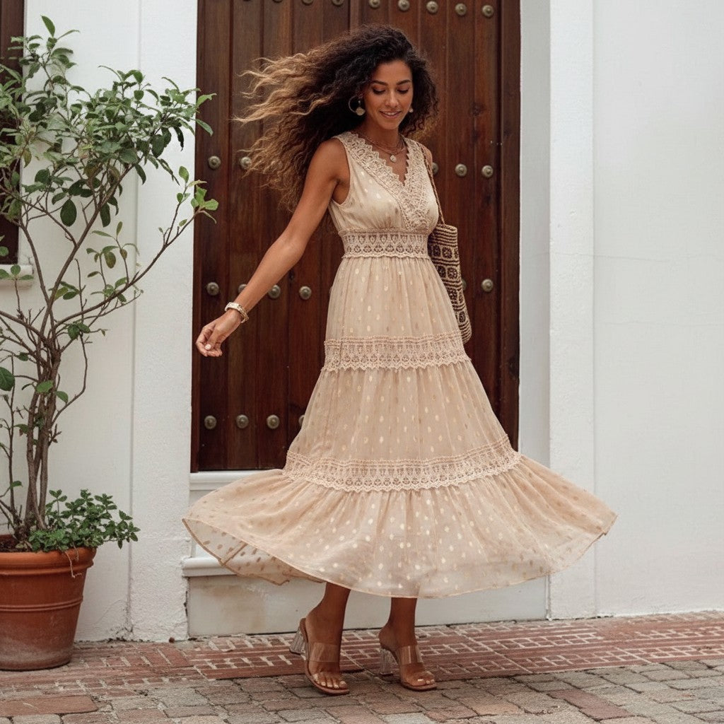 BohoChic | Women's Lace Tiered Maxi Dress - Ankle-Length Sleeveless Style