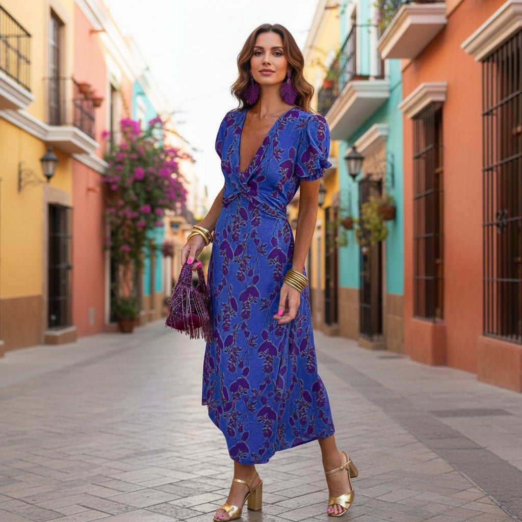 FloralWrap | Women's Dress - Floral Midi Design with Puff Sleeves
