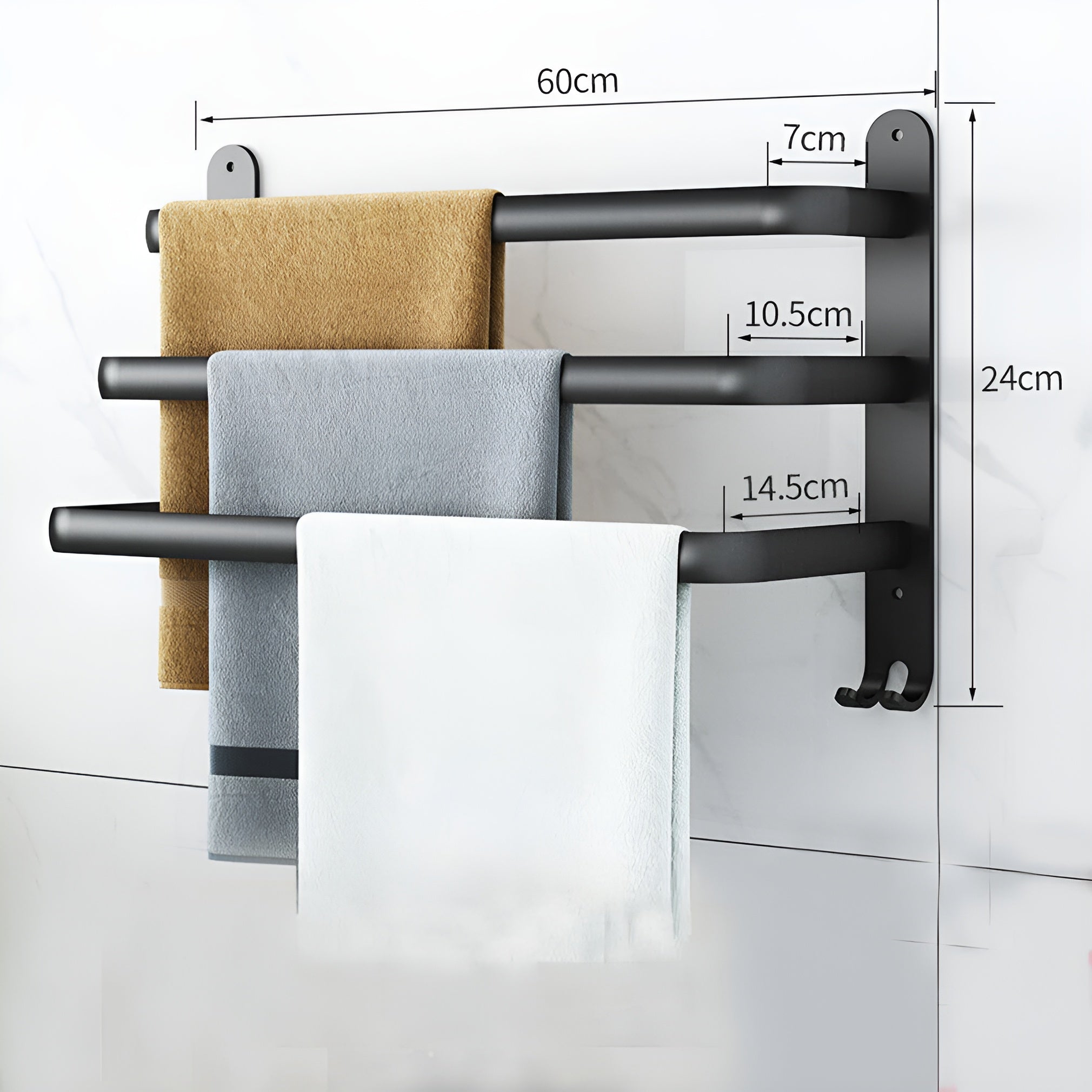 Wall-Mounted Towel Rack | 3-Tier Black Aluminum Bar