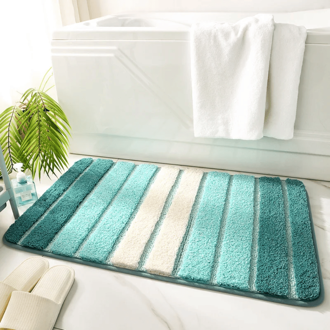 Washable Bathroom Rug Polyester | Absorbent Non-Slip Fluffy Pile | Striped, Green Grey Blue, 40 x 60 cm & 50 x 80 cm 2