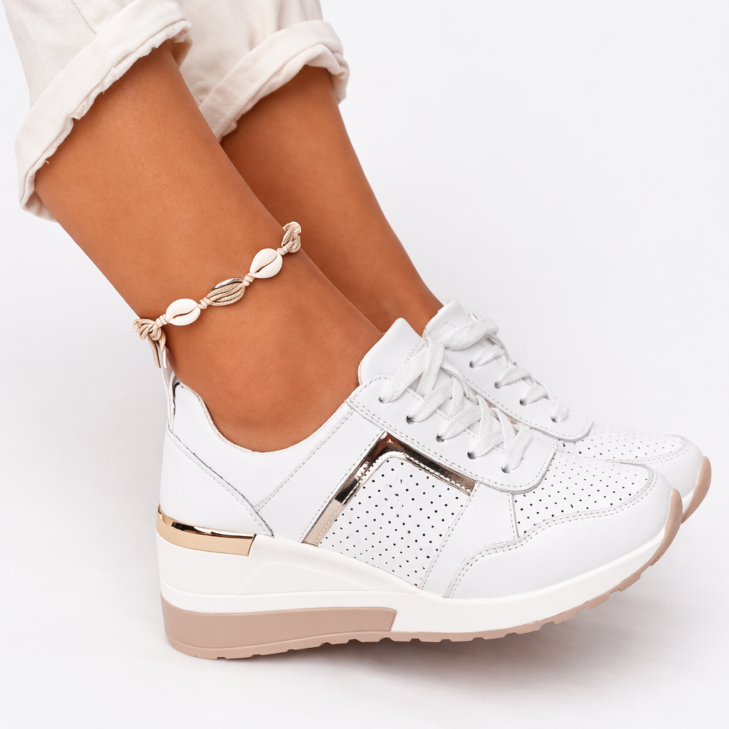 Wedge Sole Sneakers | Women's Lace-Up Comfort Shoe - PU Upper