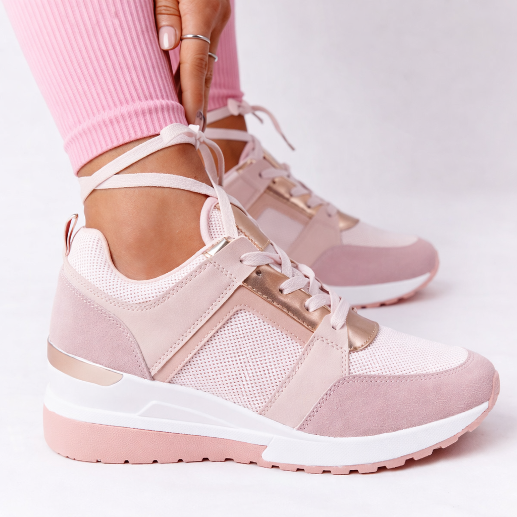 Wedge Sole Sneakers | Women's Lace-Up Comfort Shoe - PU Upper