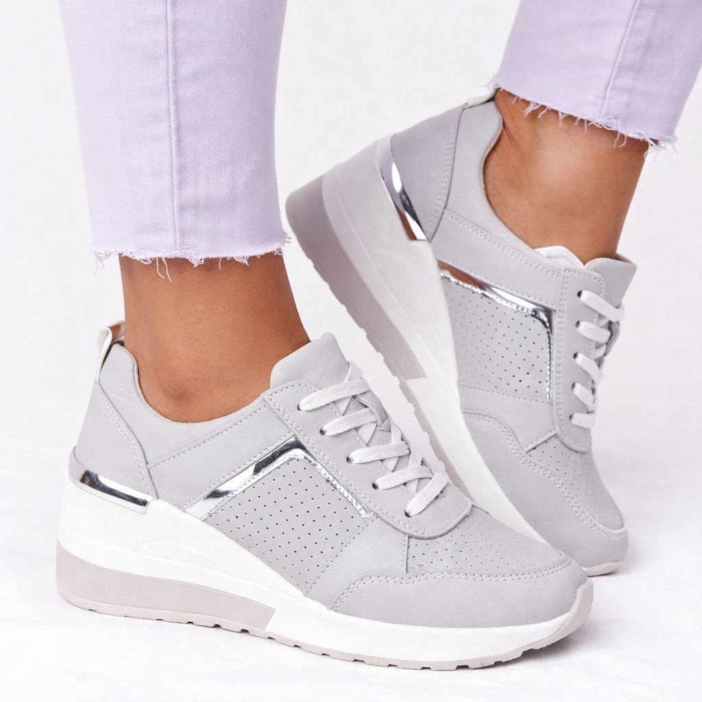 Wedge Sole Sneakers | Women's Lace-Up Comfort Shoe - PU Upper