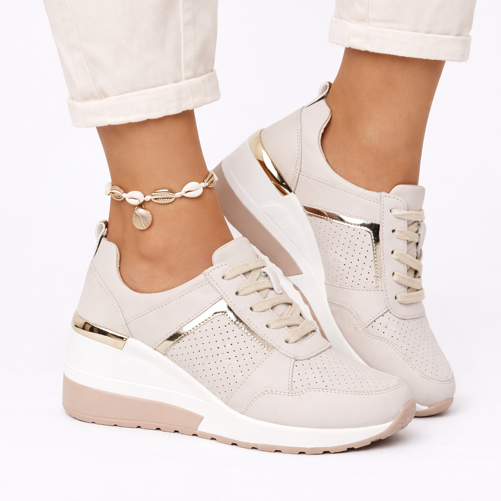 Wedge Sole Sneakers | Women's Lace-Up Comfort Shoe - PU Upper