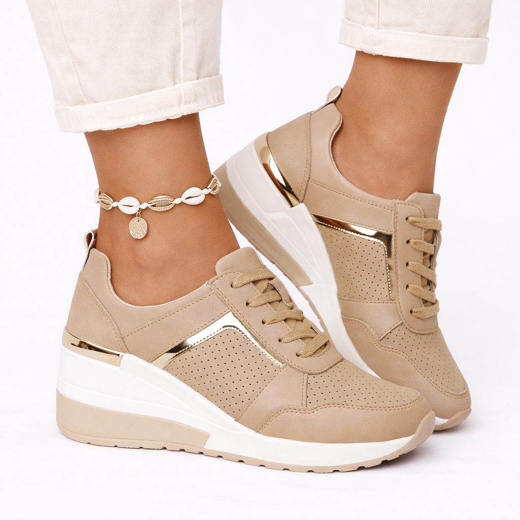 Wedge Sole Sneakers | Women's Lace-Up Comfort Shoe - PU Upper