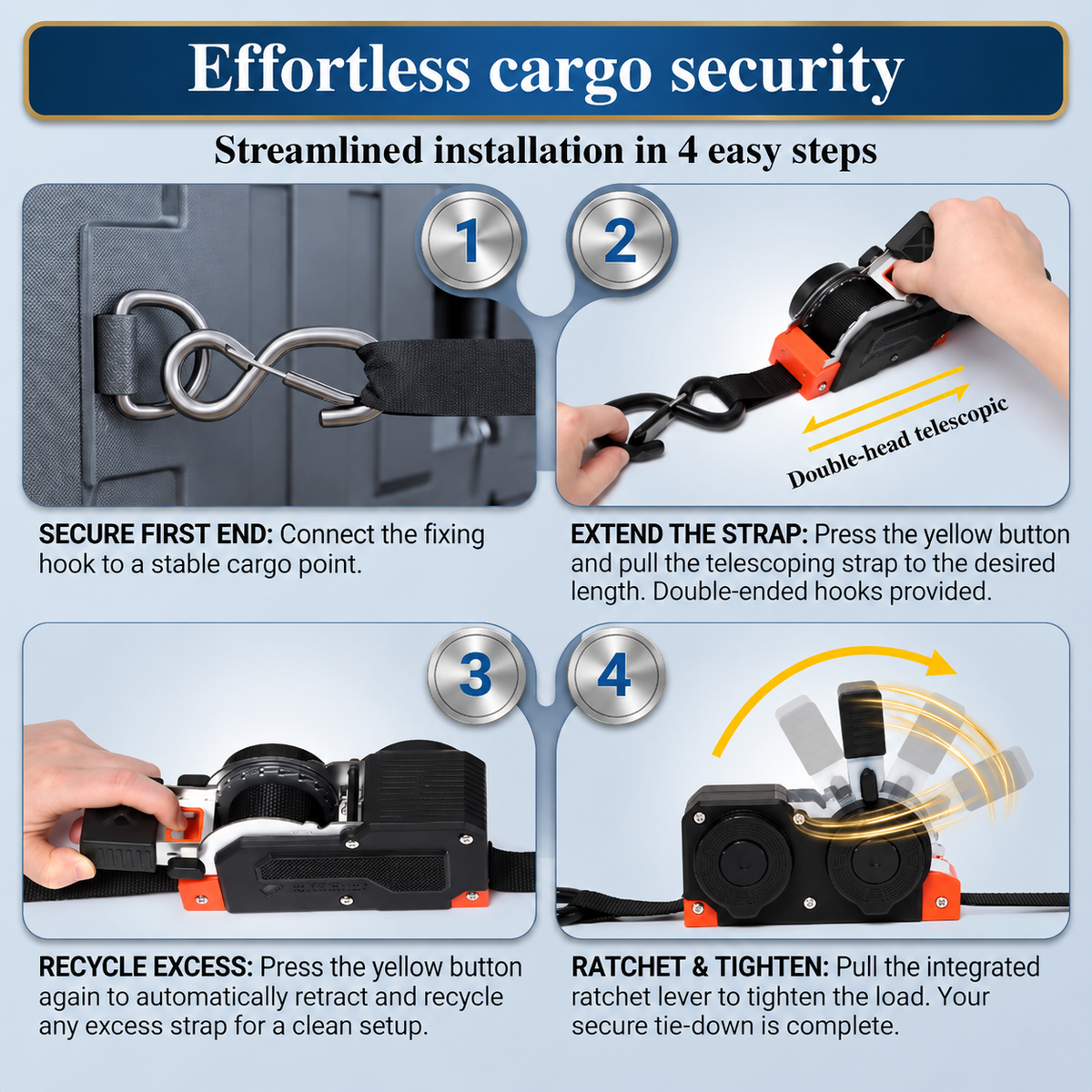 Ratchet Straps Polyester Webbing | 1,500 lb Load Capacity | One-Person Ratchet, UV & Abrasion Resistant Soft Loops