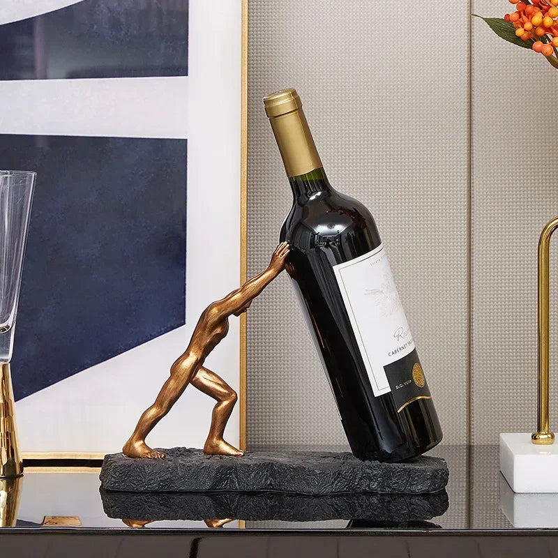 Wine Bottle Holder | Pushing Figure, Textured Slab Base