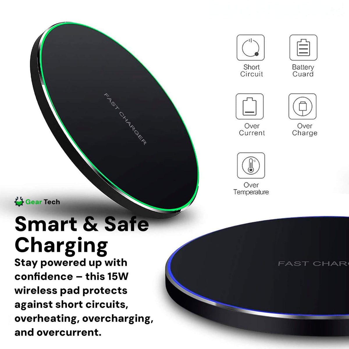 Wireless Charging Pad 15W | Fast Qi Charging for iPhone, Samsung & Pixel | Slim Cable-Free Charger Base for Home & Office