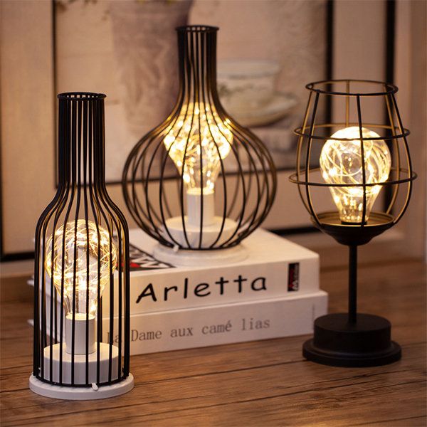 Wireless Table Lamps With Black Metal Cage Shades 4
