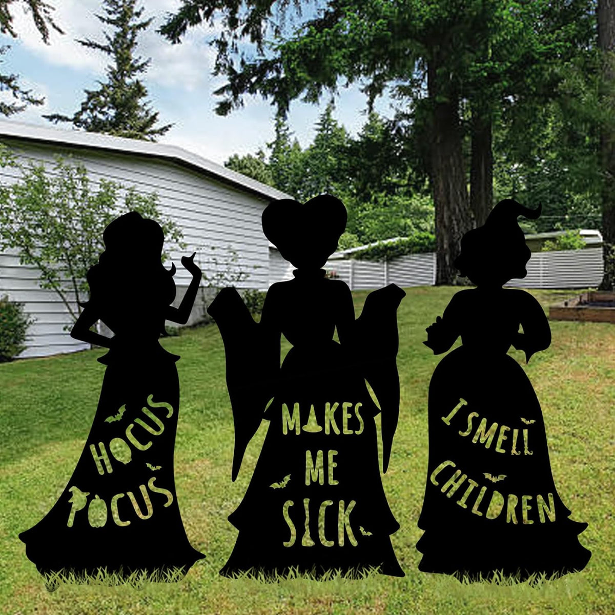 Witch Sisters Halloween Yard Decor Set | 3 Signs, 6 Stakes, Instruction Manual | Weather-Resistant Corrugated Plastic