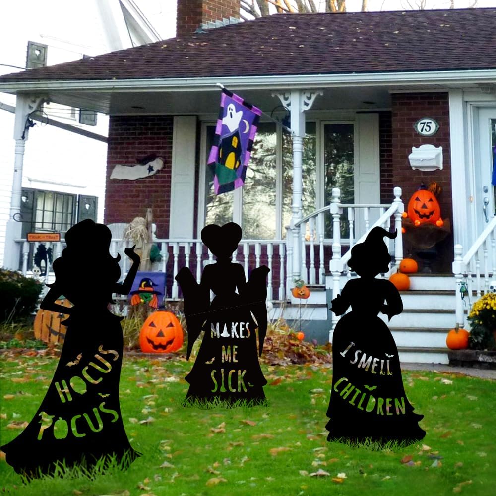 Witch Sisters Halloween Yard Decor Set | 3 Signs, 6 Stakes, Instruction Manual | Weather-Resistant Corrugated Plastic