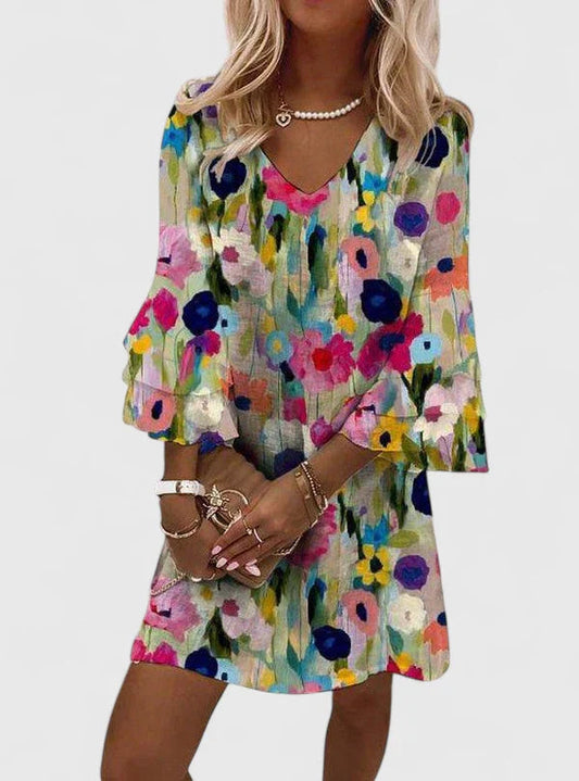 Women's Floral Mini Dress – V-Neckline, Plus Size Available