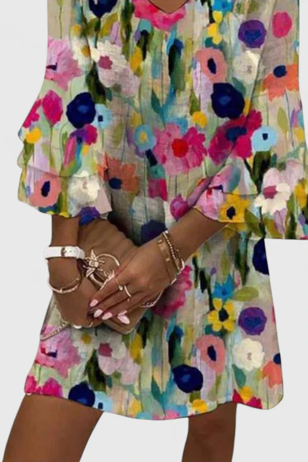 Women's Floral Mini Dress – V-Neckline, Plus Size Available