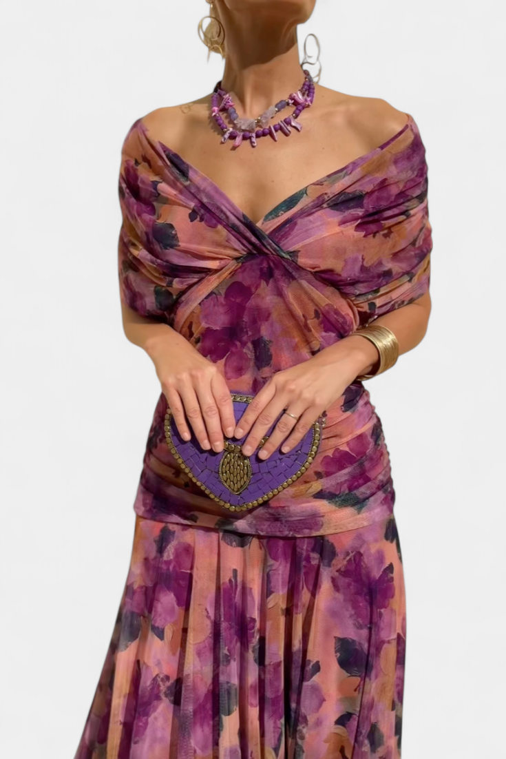 Women's Floral Print Maxi Dress – Pleated Waist V-Neck Full Length