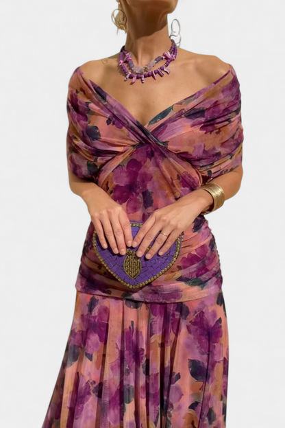 Women's Floral Print Maxi Dress – Pleated Waist V-Neck Full Length