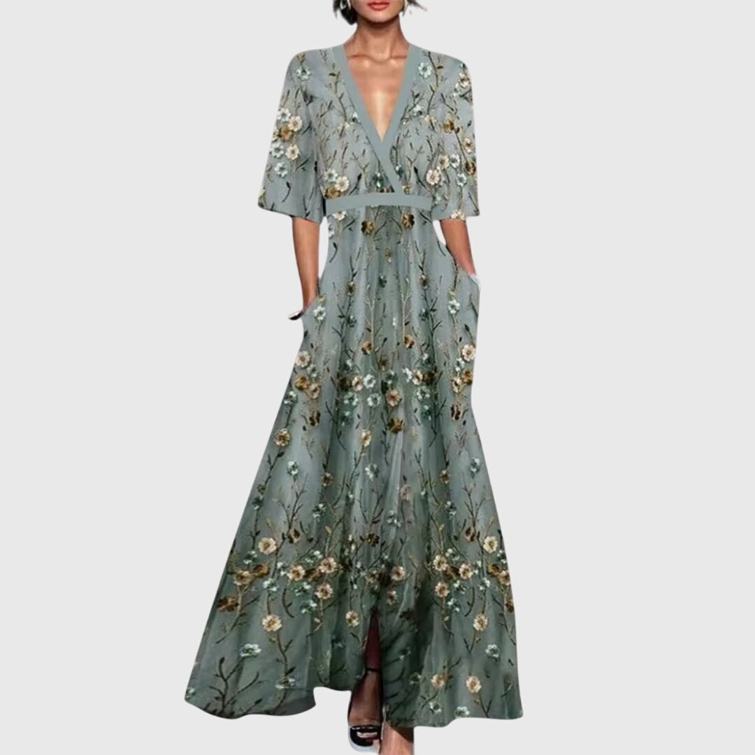 Women's Floral Spring Dress – Lightweight Fabric, Flared Skirt