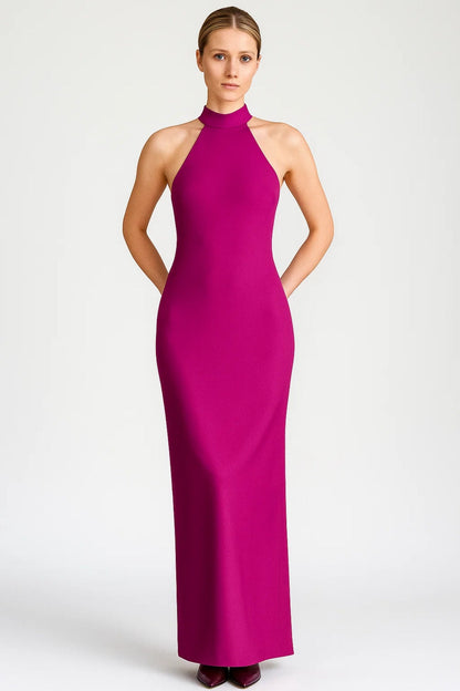 Women's Halter Neck Maxi Dress – Flowing Skirt with Side Slit Design