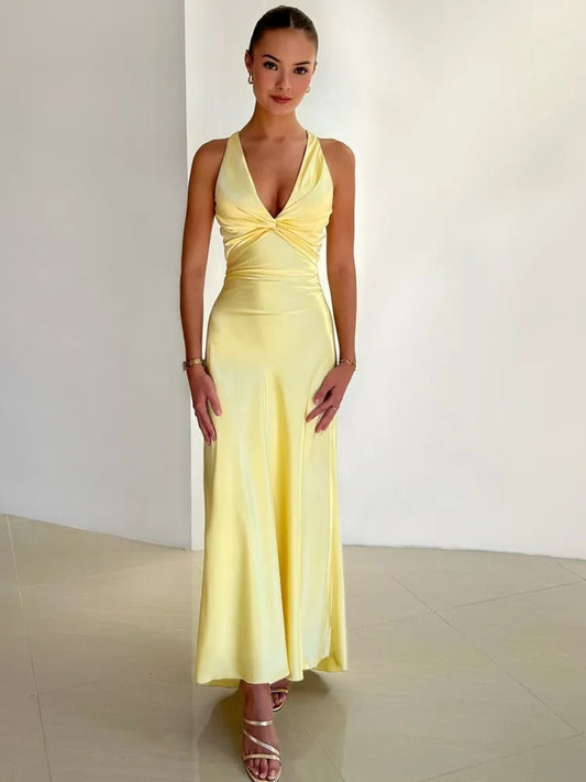 Women’s Halter Neck Maxi Dress – Ruched Satin Formal Evening Gown