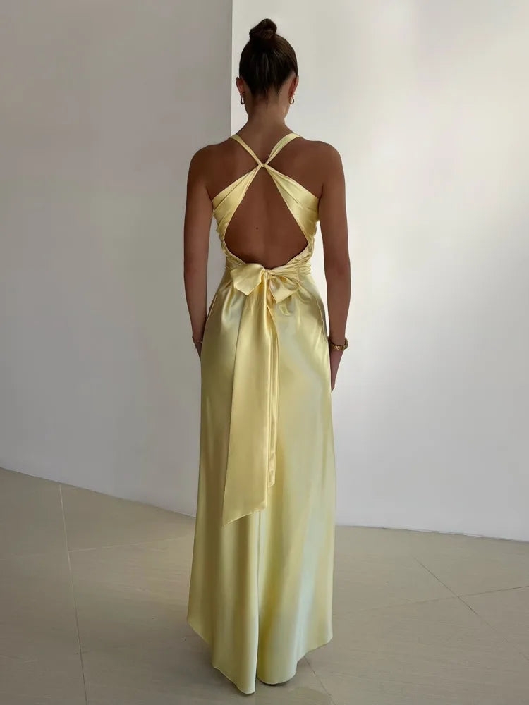 Women’s Halter Neck Maxi Dress – Ruched Satin Formal Evening Gown