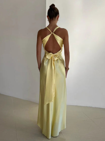 Women’s Halter Neck Maxi Dress – Ruched Satin Formal Evening Gown
