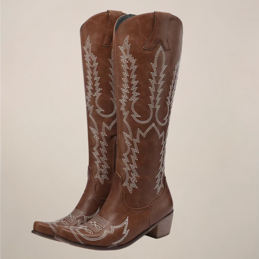 Women's Knee High Cowgirl Boots – Embroidered Design Block Heel