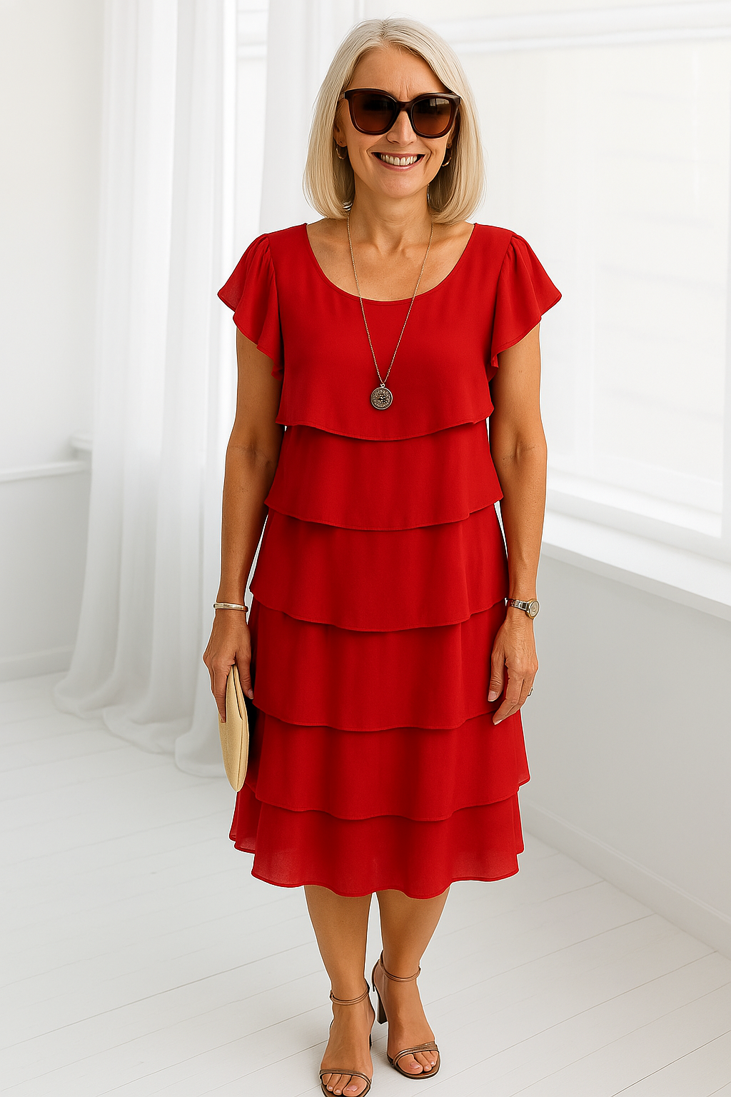 Women’s Layered Midi Dress – Short Sleeve 100% Polyester Design