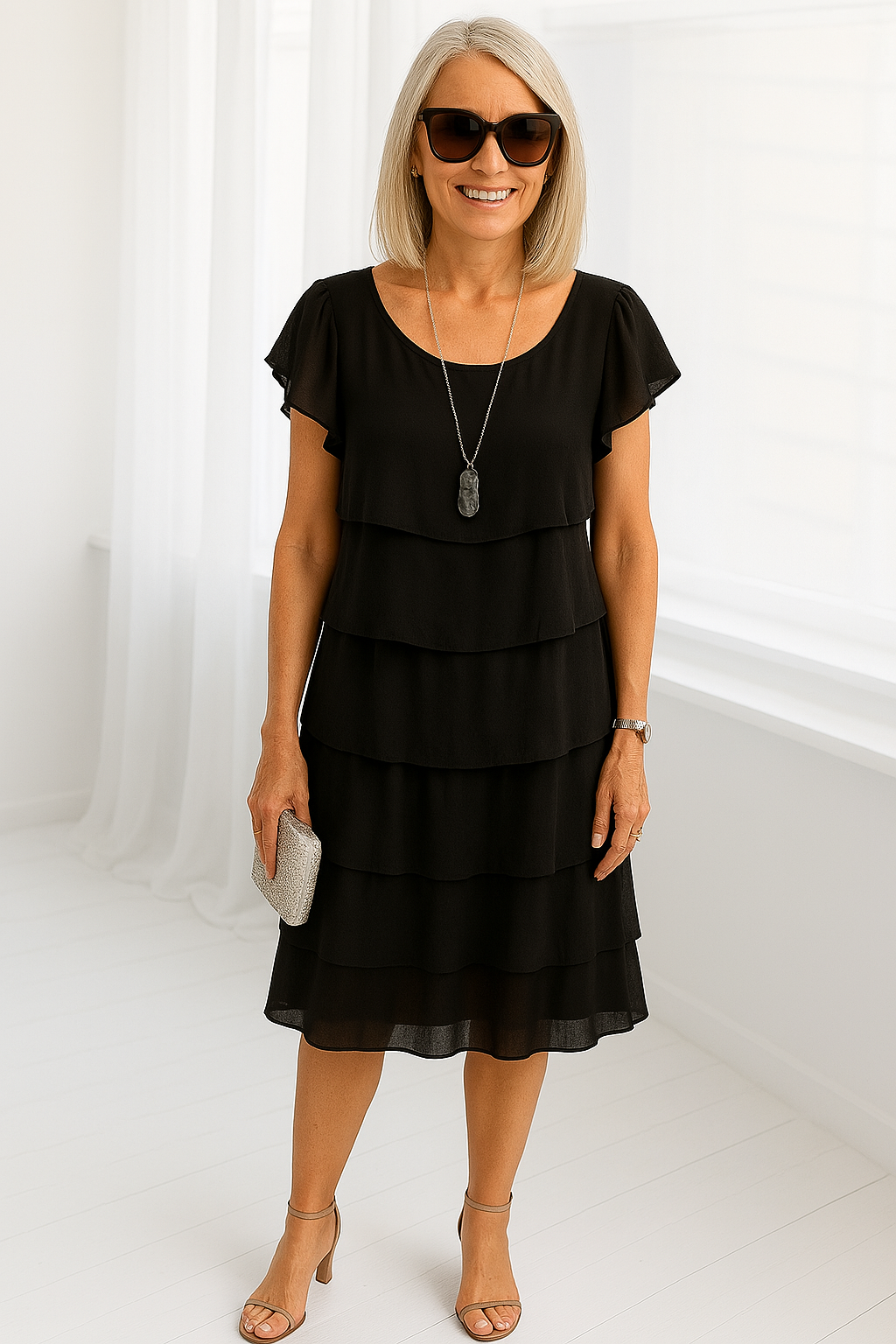 Women’s Layered Midi Dress – Short Sleeve 100% Polyester Design