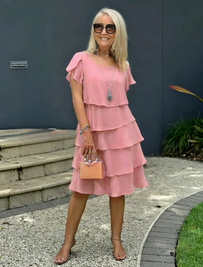 Women’s Layered Midi Dress – Short Sleeve 100% Polyester Design