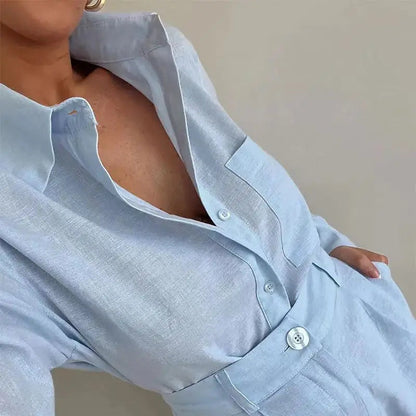 Women’s Linen Shirt and Shorts Set – Oversized Relaxed Fit with Flexible Waistband