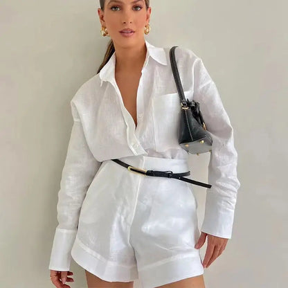 Women’s Linen Shirt and Shorts Set – Oversized Relaxed Fit with Flexible Waistband