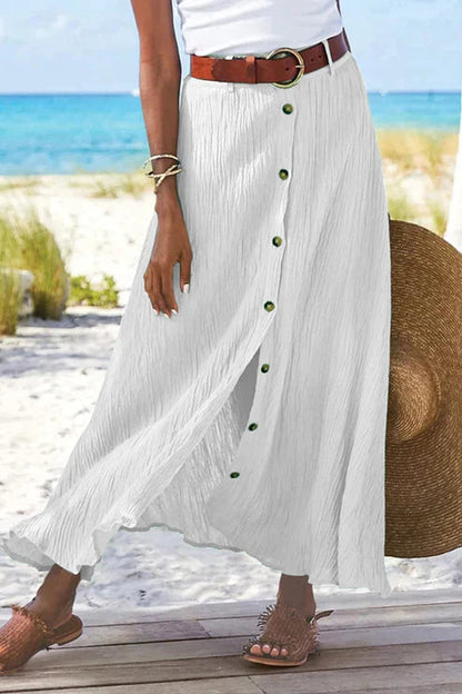 Women's Maxi Skirt – High Waist Crinkle Texture, Button Front Design