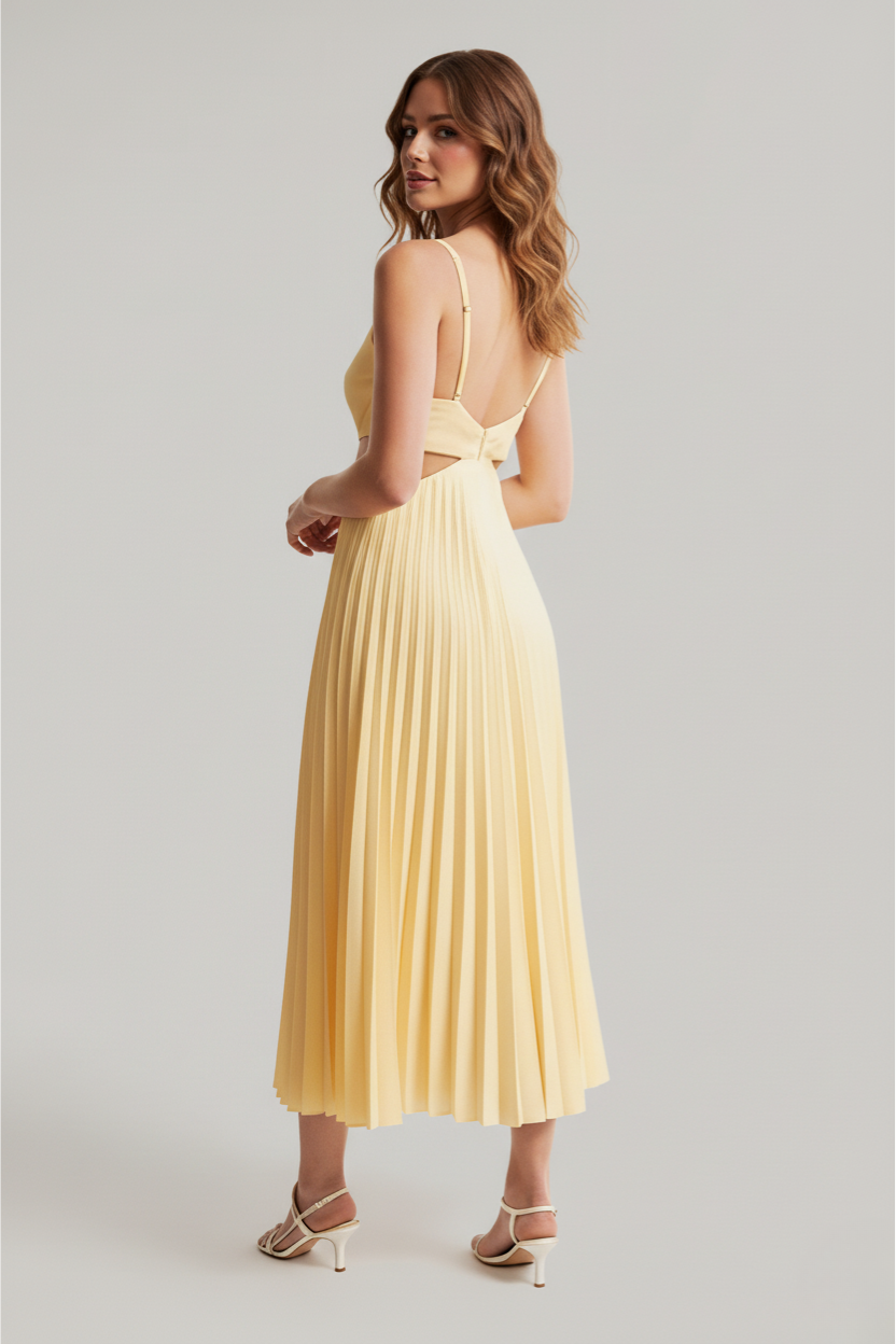 Women’s Pleated Cutout Waist Midi Dress – Soft Polyester Summer Style